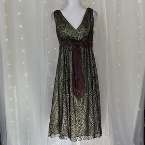Eliza J Olive Dress with Black Lace Overlay and Brown Waist Sash